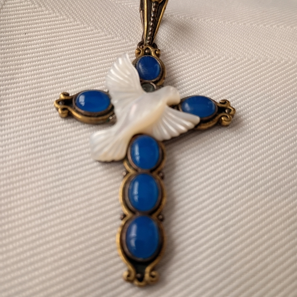 Large Blue Chalcedony 925 Sterling Silver MOP Dove Cross PendantWomen Jewelry